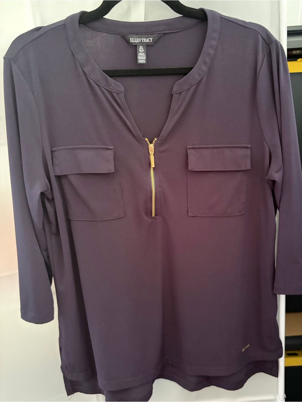 Ellen Tracy Dark Blue Quarter-Zip Long Sleeve Top